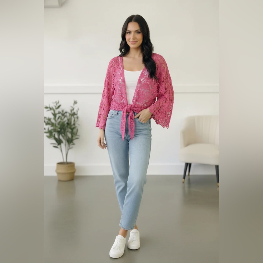 And The Why CROCHET TIE HEM CARDIGAN